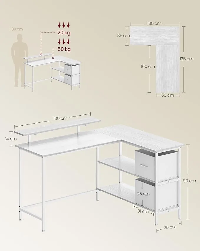 Rysunek techniczny z wymiarami i nośnością biurka narożnego Vasagle