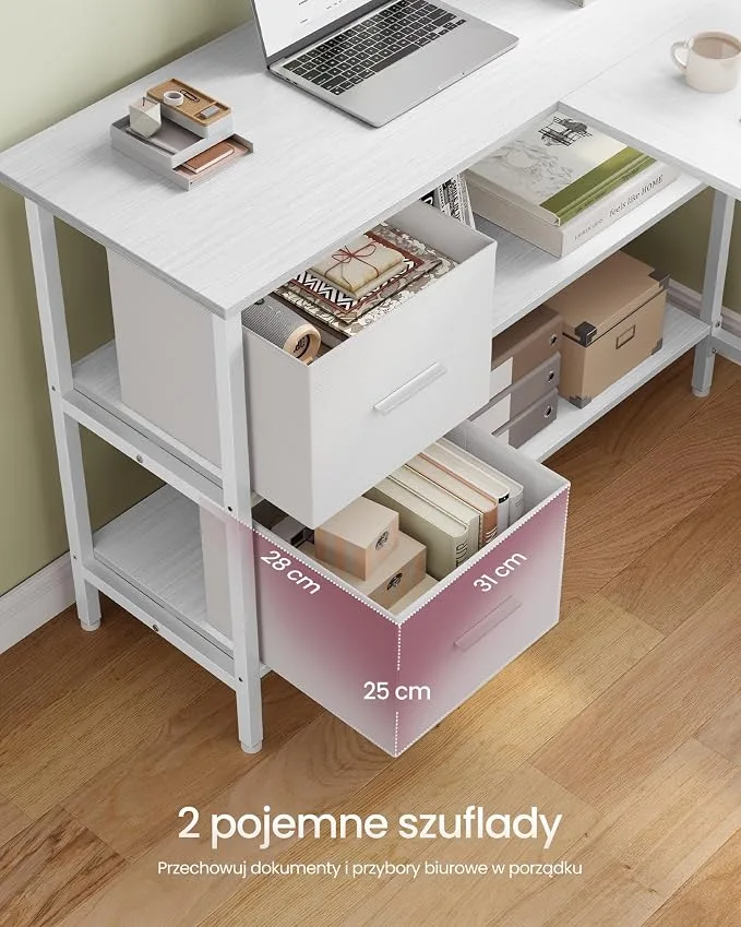Dwie wysuwane szuflady i regulowane półki w biurku narożnym
